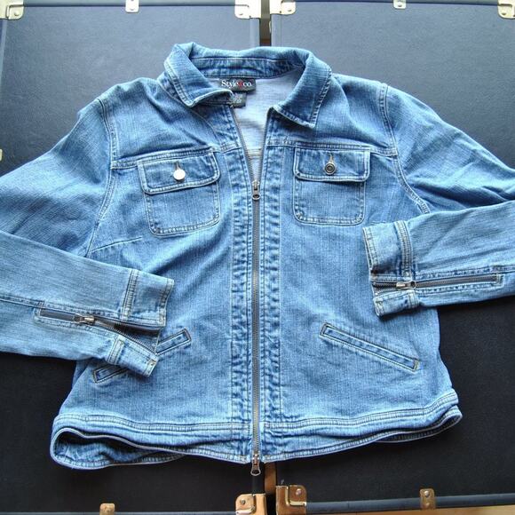 Style & Co. Large Blue Denim Jean Jacket with Zippers & Button Pockets - Picture 2 of 6